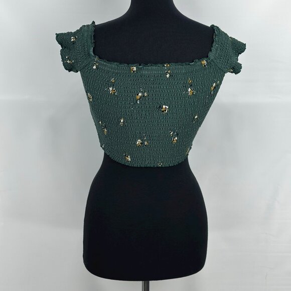 Abercrombie & Fitch green floral smocked puff sleeve crop top square neck size S - Picture 4 of 8